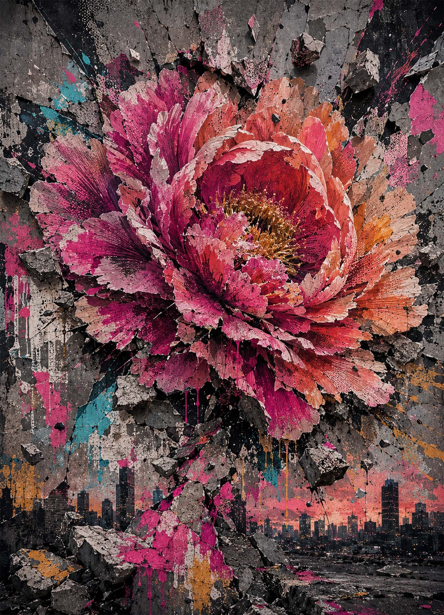 Affiche représentant une composition autour de fleur fuchsia urbaine
