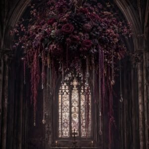 Affiche représentant une composition autour de florale gothique bordeaux