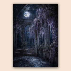 Décor de serre ancienne sous la lune avec fleurs violettes