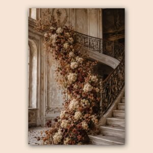 Décor d’escalier ancien avec fleurs abondantes et ambiance romantique