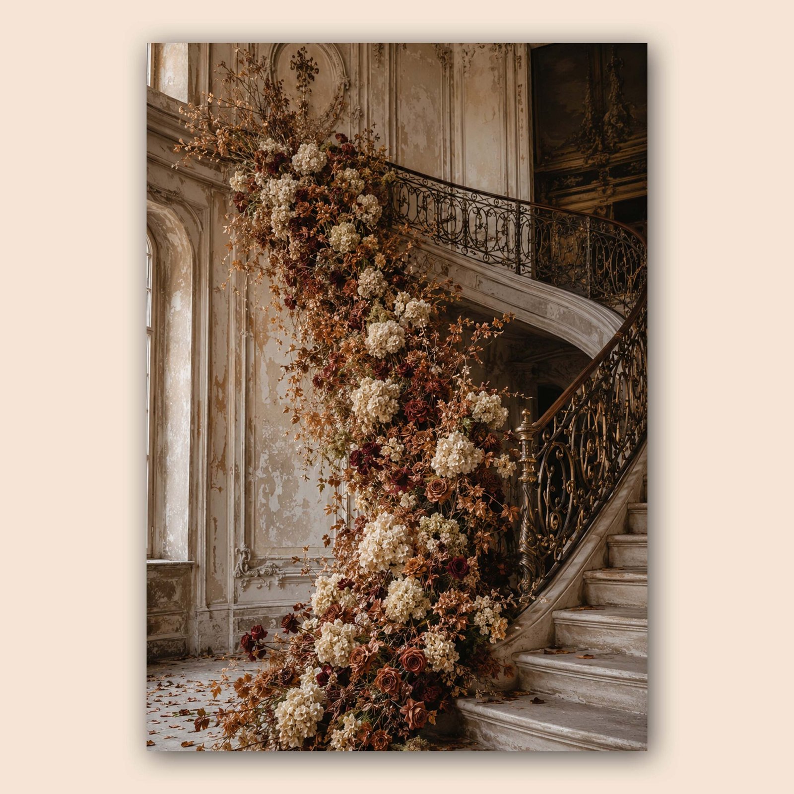 Décor d’escalier ancien avec fleurs abondantes et ambiance romantique