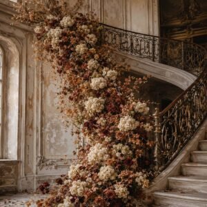 Affiche représentant un grand escalier ancien habillé d’une cascade florale généreuse. L’ensemble crée une composition verticale élégante, à la fois romantique et un peu théâtrale, idéale pour donner du caractère à un intérieur
