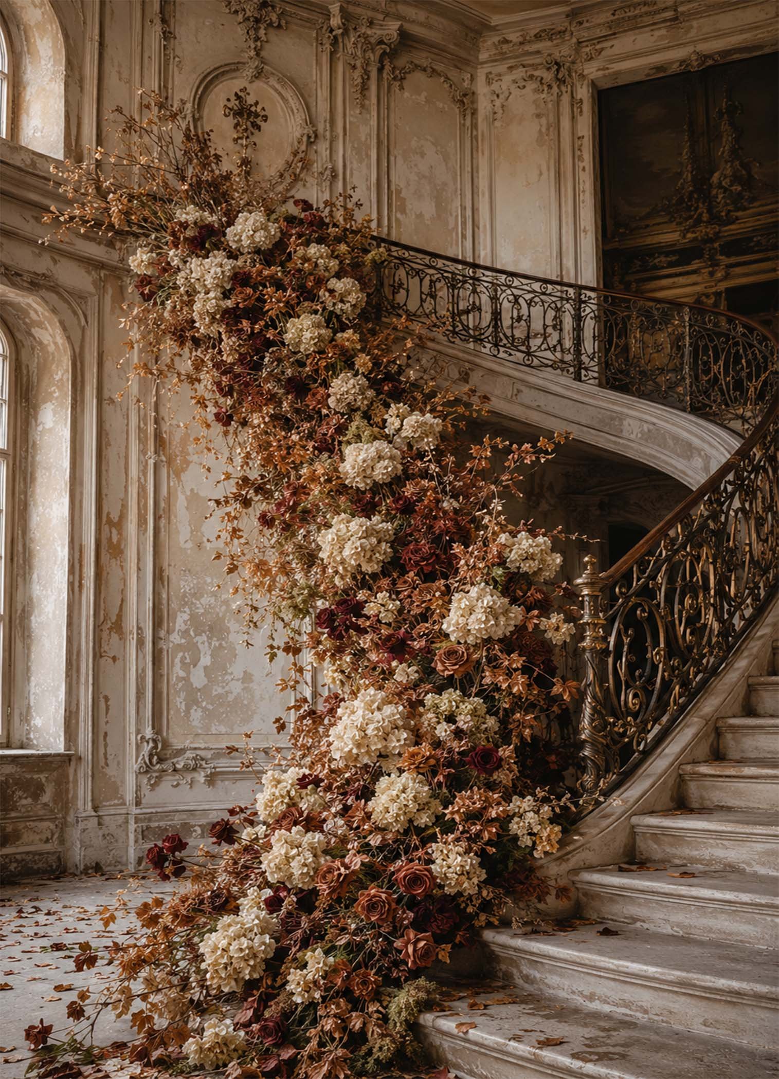 Affiche représentant un grand escalier ancien habillé d’une cascade florale généreuse. L’ensemble crée une composition verticale élégante, à la fois romantique et un peu théâtrale, idéale pour donner du caractère à un intérieur