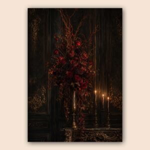 Affiche décorative avec roses rouges et bougies sur fond sombre