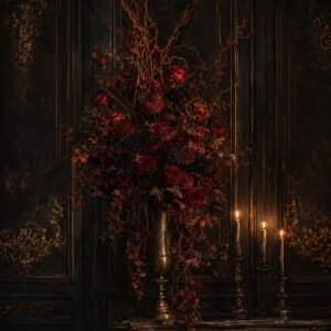Affiche représentant une composition florale sombre et raffinée, avec de grandes roses rouges, des branches fines et la lueur discrète de bougies. L’ensemble crée un décor profond, presque théâtral, qui attire le regard sans en faire trop
