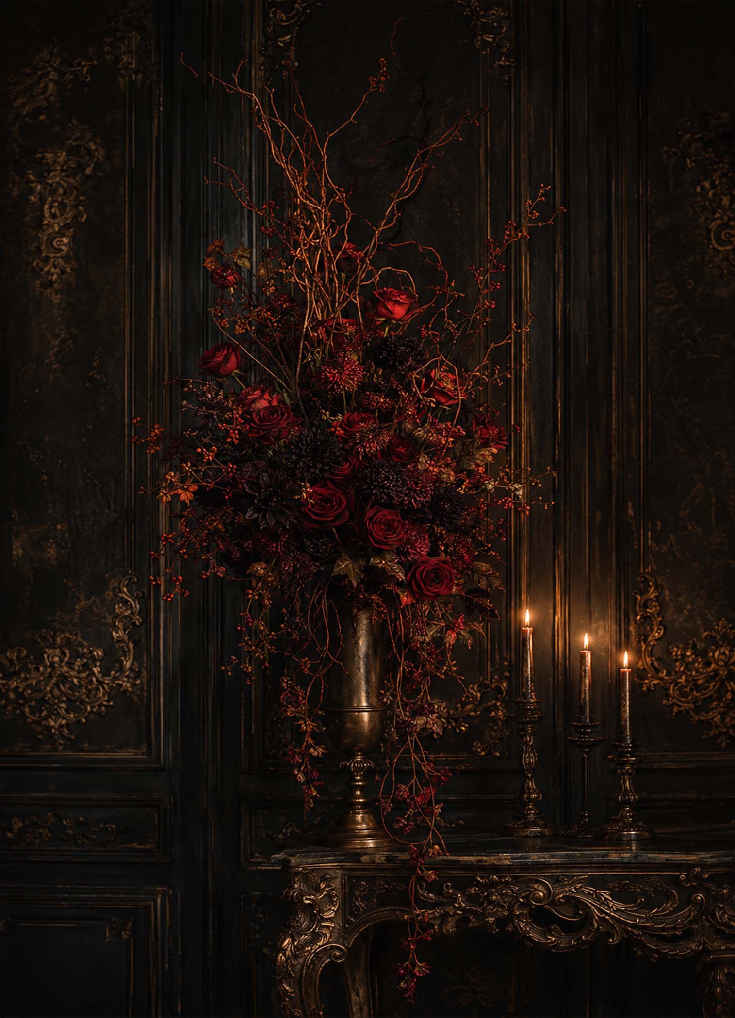 Affiche représentant une composition florale sombre et raffinée, avec de grandes roses rouges, des branches fines et la lueur discrète de bougies. L’ensemble crée un décor profond, presque théâtral, qui attire le regard sans en faire trop