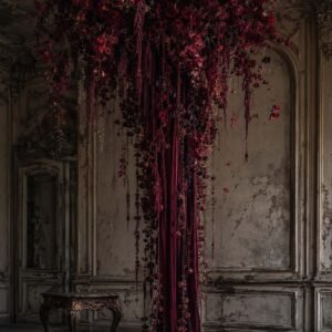 Affiche représentant une composition florale spectaculaire, presque suspendue dans le temps. Les fleurs sombres et les longues retombées végétales créent un effet théâtral, riche et très décoratif