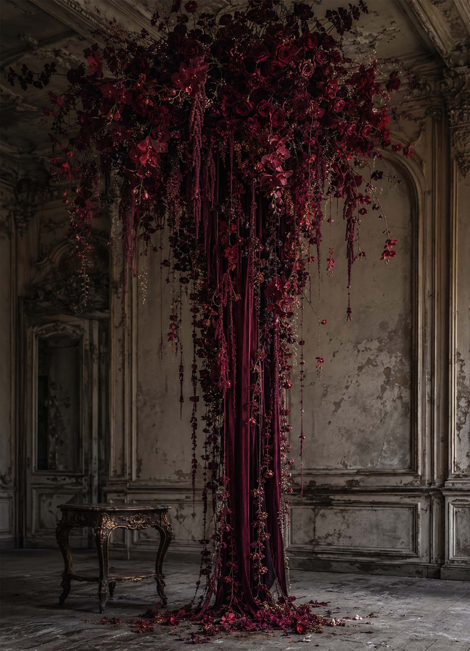 Affiche représentant une composition florale spectaculaire, presque suspendue dans le temps. Les fleurs sombres et les longues retombées végétales créent un effet théâtral, riche et très décoratif