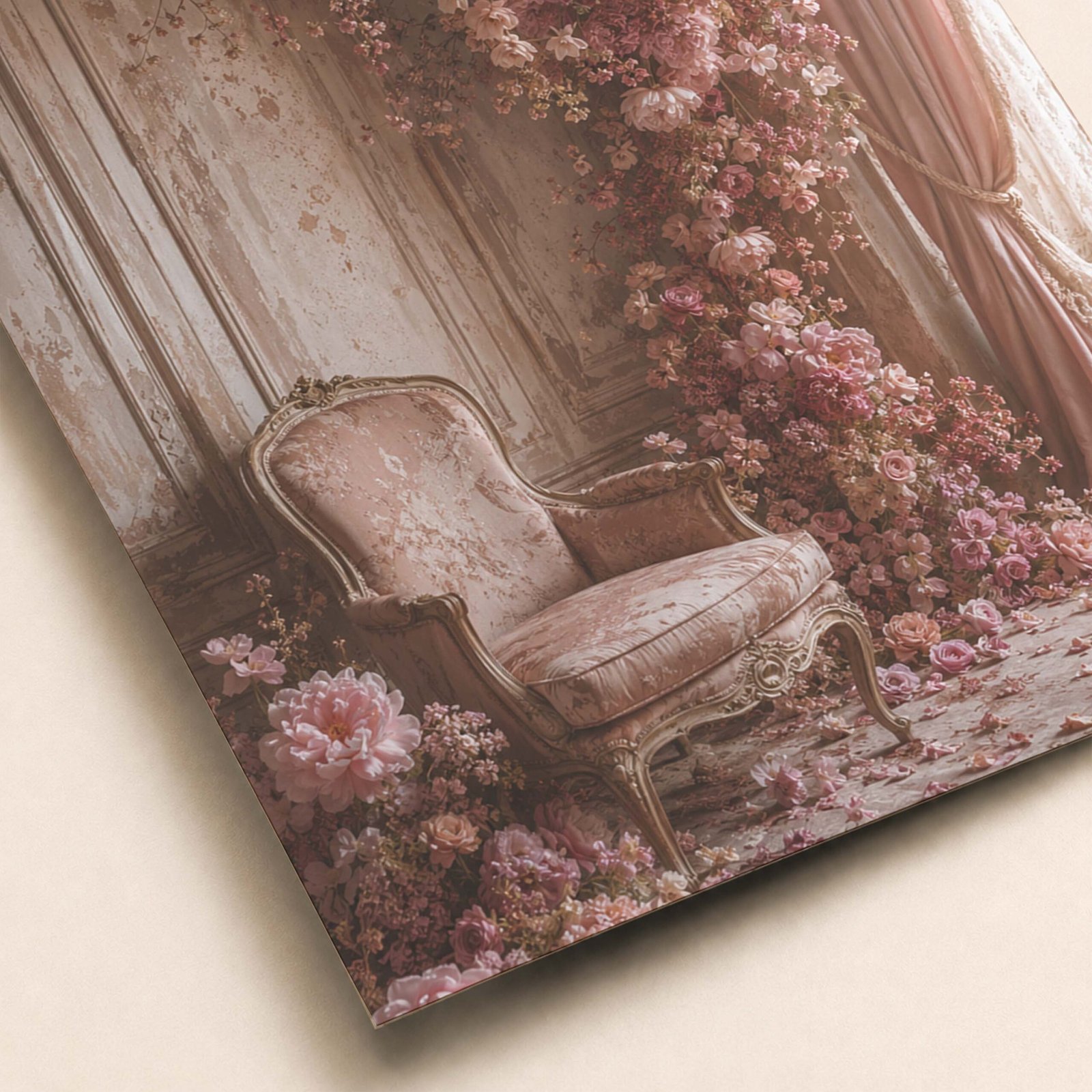 Détail des fleurs roses et du fauteuil ancien