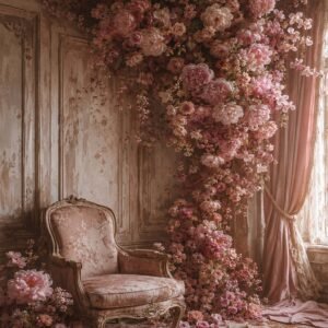 Affiche représentant un intérieur romantique au charme ancien, avec un fauteuil patiné entouré d’une profusion de fleurs roses. L’ensemble crée une composition douce, riche et très décorative, idéale pour apporter une touche poétique à votre mur