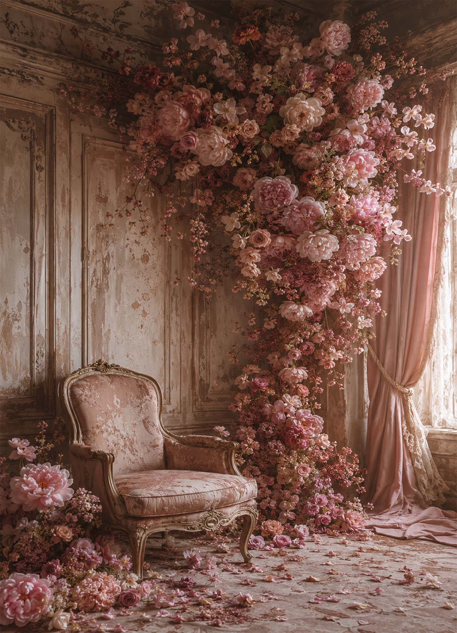 Affiche représentant un intérieur romantique au charme ancien, avec un fauteuil patiné entouré d’une profusion de fleurs roses. L’ensemble crée une composition douce, riche et très décorative, idéale pour apporter une touche poétique à votre mur