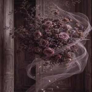 Affiche représentant Un bouquet de roses poudrées flotte dans une atmosphère sombre et feutrée, entre élégance ancienne et poésie discrète. Le voile léger apporte du mouvement, comme une scène suspendue dans le temps