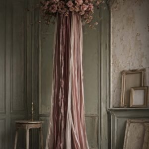 Affiche représentant une composition florale suspendue, délicate et spectaculaire à la fois. Les longues draperies de tissu tombent avec douceur, créant un effet de mouvement très décoratif