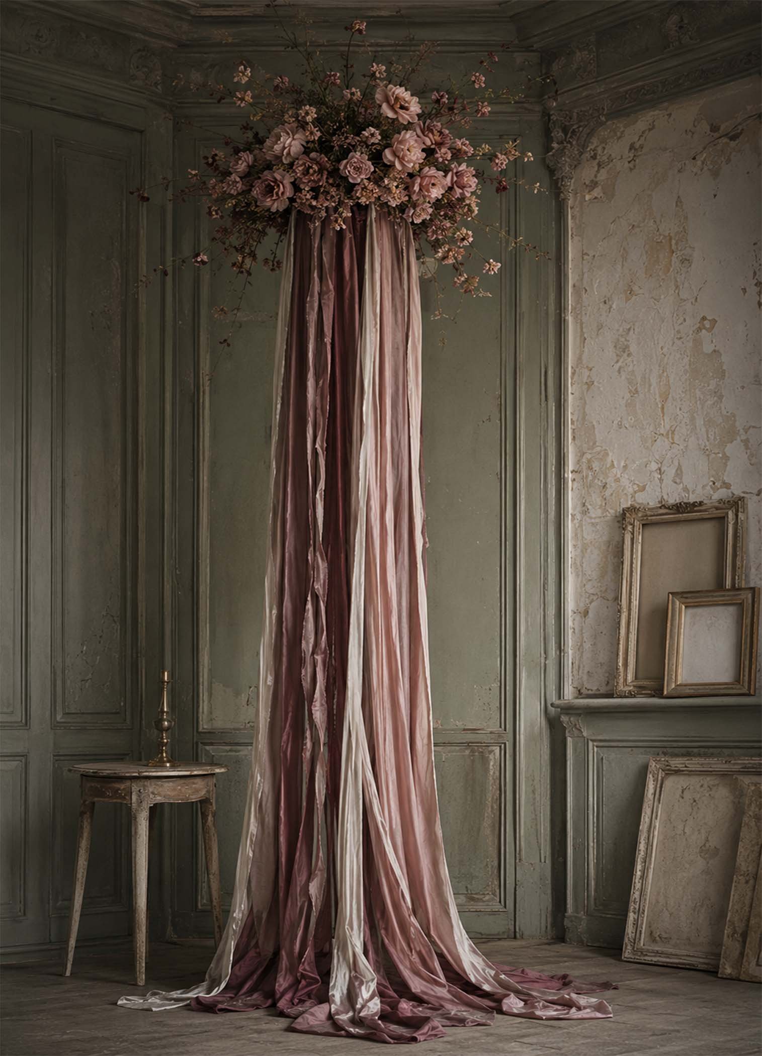 Affiche représentant une composition florale suspendue, délicate et spectaculaire à la fois. Les longues draperies de tissu tombent avec douceur, créant un effet de mouvement très décoratif