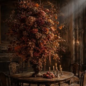 Affiche représentant un grand bouquet automnal aux tons profonds, posé dans un intérieur ancien baigné d’ombre et de lumière. L’ensemble crée une composition riche, presque théâtrale, qui attire le regard sans en faire trop