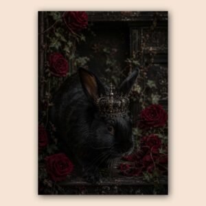 Affiche décorative avec lapin noir, couronne et roses rouges