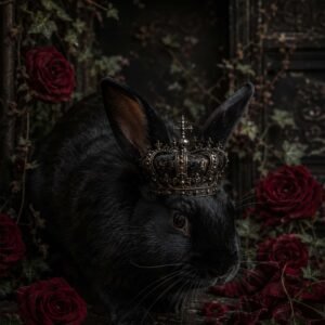 Affiche représentant Un lapin noir au regard doux, coiffé d’une couronne délicate, se détache sur un décor sombre ponctué de roses rouges. L’ensemble crée une image à la fois mystérieuse et élégante, avec une vraie présence visuelle
