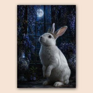 Lapin blanc couronné dans une scène sombre et poétique