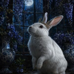 Affiche représentant Un lapin blanc au regard doux, coiffé d’une fine couronne, prend place dans un décor nocturne plein de mystère. La scène mêle élégance et poésie, avec une lumière lunaire qui donne à l’ensemble une vraie présence décorative