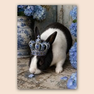 Lapin décoratif noir et blanc avec couronne bleue et hortensias
