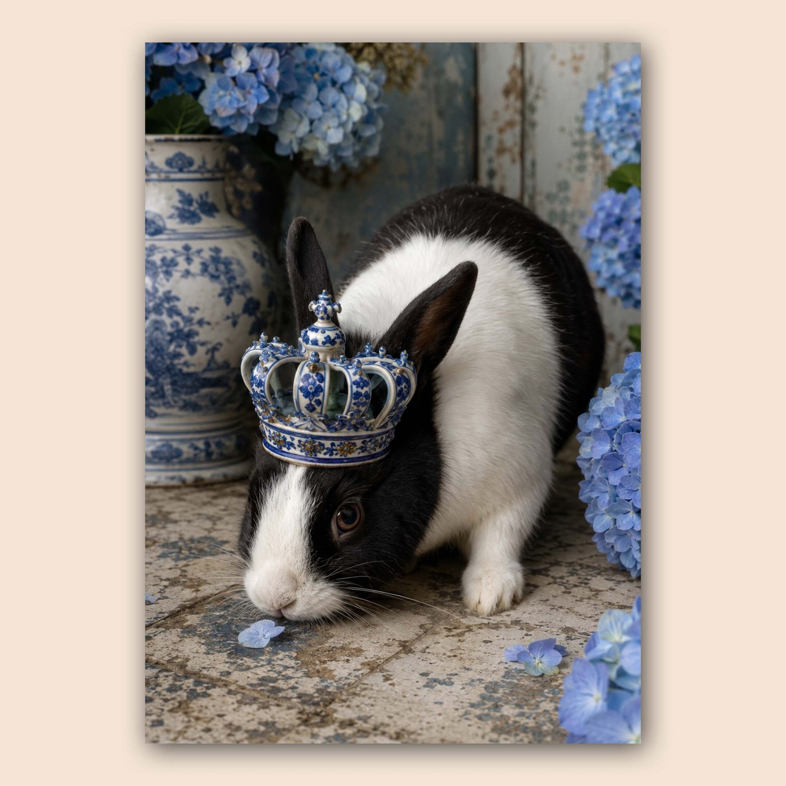 Lapin décoratif noir et blanc avec couronne bleue et hortensias