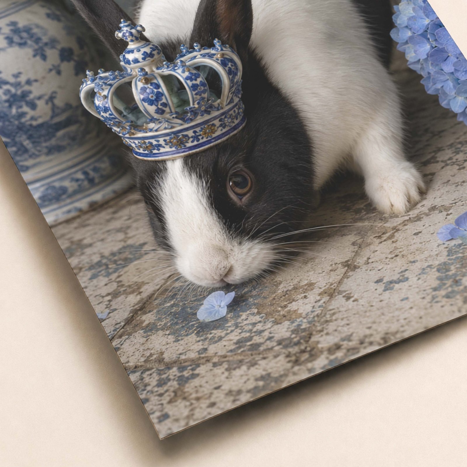 Détail du lapin noir et blanc avec couronne en faïence bleue