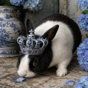 Affiche représentant Un lapin noir et blanc au regard doux, coiffé d'une petite couronne en faïence bleue, compose une scène pleine de charme. Les hortensias bleus et les objets décoratifs en arrière-plan renforcent l'esprit délicat de l'image
