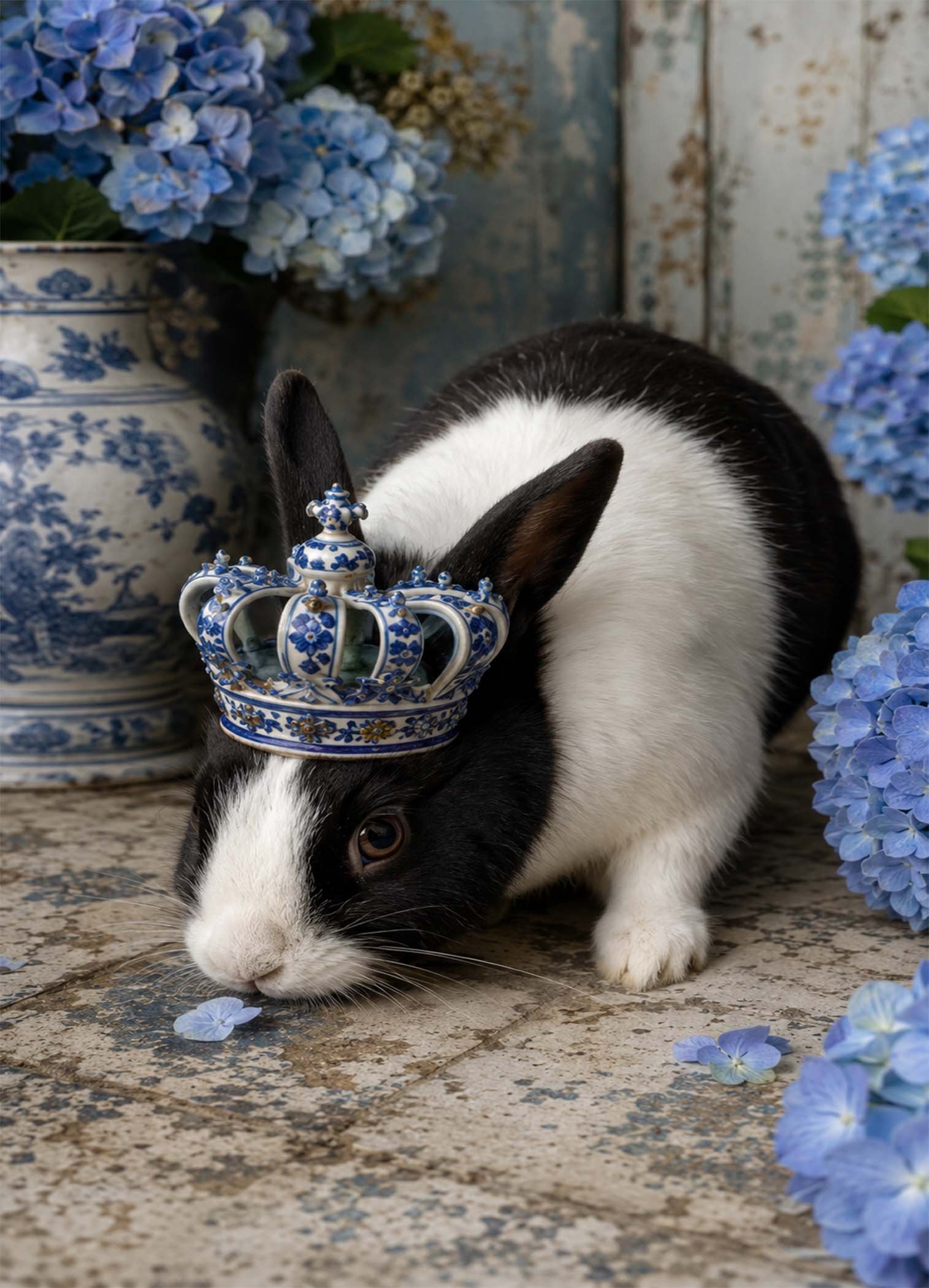 Affiche représentant Un lapin noir et blanc au regard doux, coiffé d'une petite couronne en faïence bleue, compose une scène pleine de charme. Les hortensias bleus et les objets décoratifs en arrière-plan renforcent l'esprit délicat de l'image