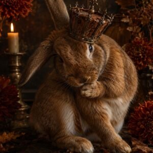 Affiche représentant Un lapin au regard doux, coiffé d’une couronne ancienne, compose une scène à la fois tendre et majestueuse. L’ensemble joue sur un contraste élégant entre la finesse du sujet et l’atmosphère sombre, presque théâtrale