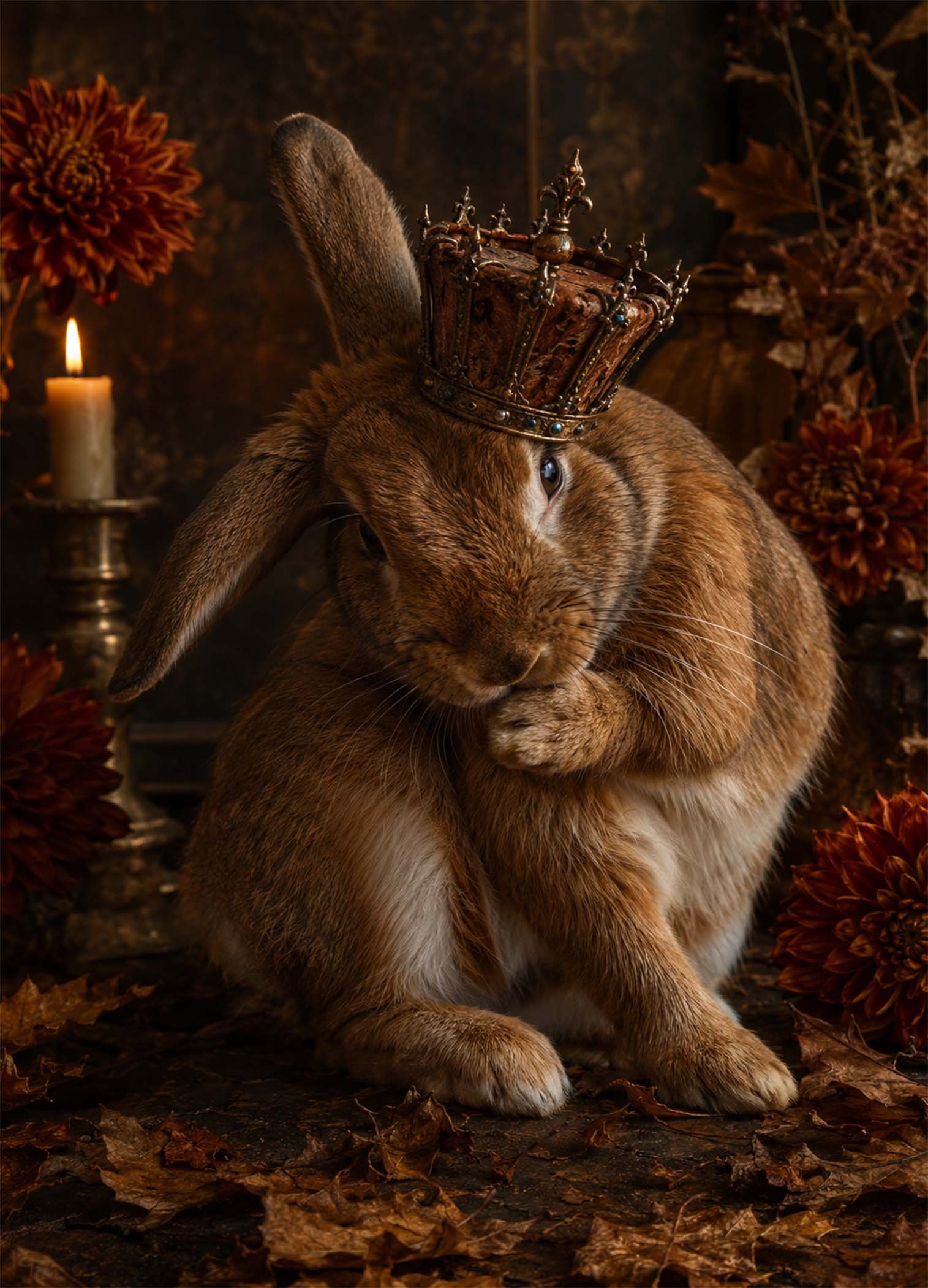 Affiche représentant Un lapin au regard doux, coiffé d’une couronne ancienne, compose une scène à la fois tendre et majestueuse. L’ensemble joue sur un contraste élégant entre la finesse du sujet et l’atmosphère sombre, presque théâtrale