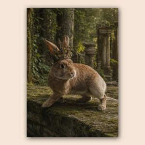 Lapin poétique dans un décor forestier ancien