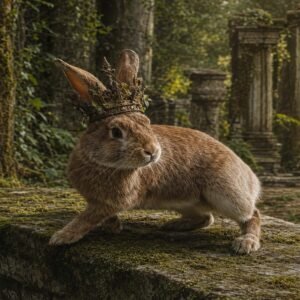 Affiche représentant Un lapin au regard calme, posé sur une pierre couverte de mousse, dans un décor de ruines envahies par la végétation. L’image mêle douceur animale et atmosphère de forêt ancienne, pour une décoration qui attire le regard sans en faire trop