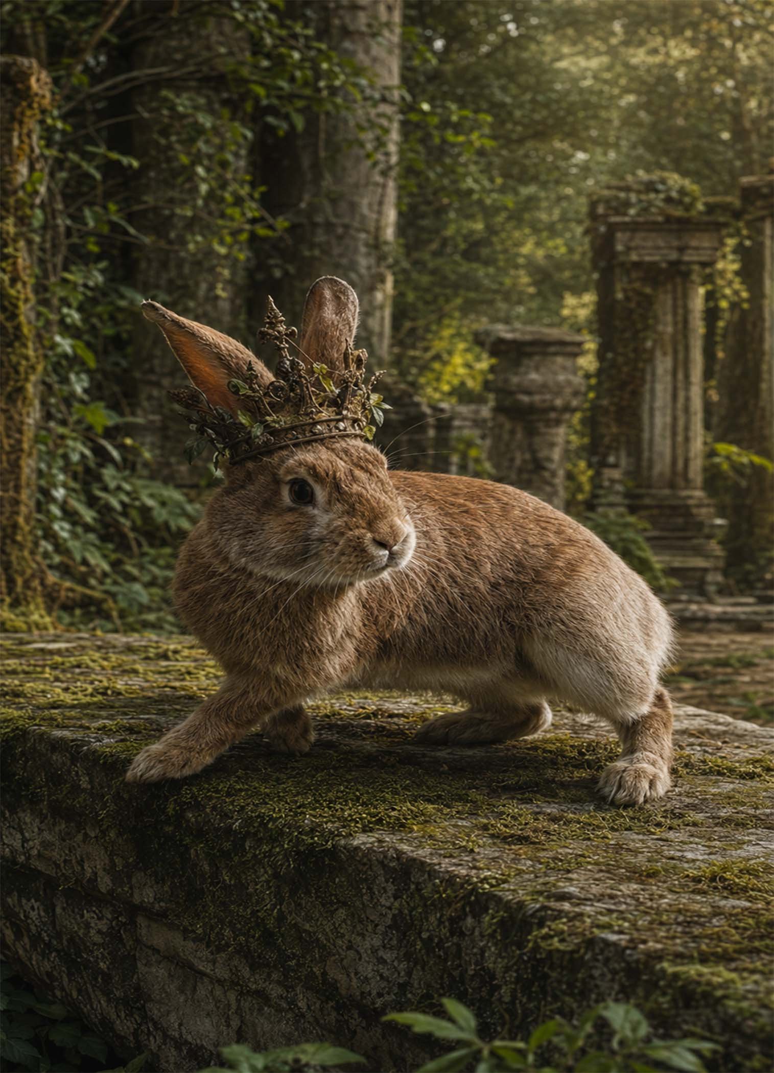Affiche représentant Un lapin au regard calme, posé sur une pierre couverte de mousse, dans un décor de ruines envahies par la végétation. L’image mêle douceur animale et atmosphère de forêt ancienne, pour une décoration qui attire le regard sans en faire trop