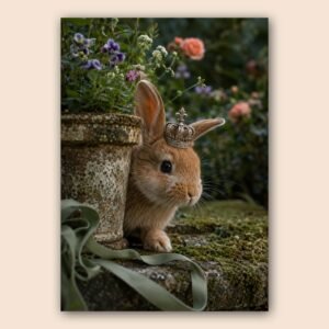 Affiche d’un lapin couronné dans un décor floral