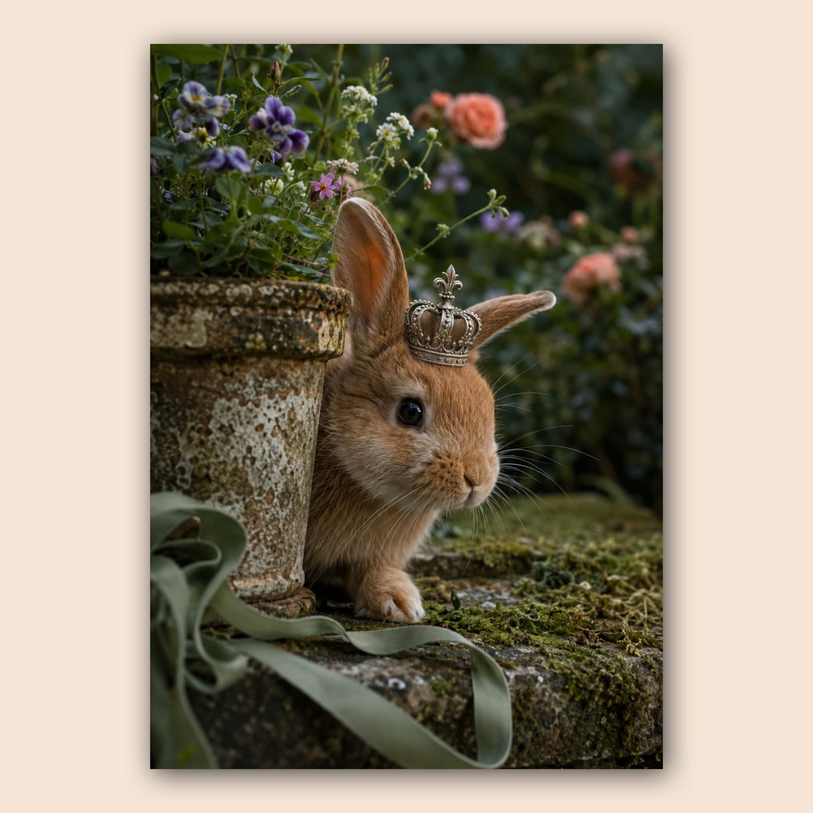 Affiche d’un lapin couronné dans un décor floral