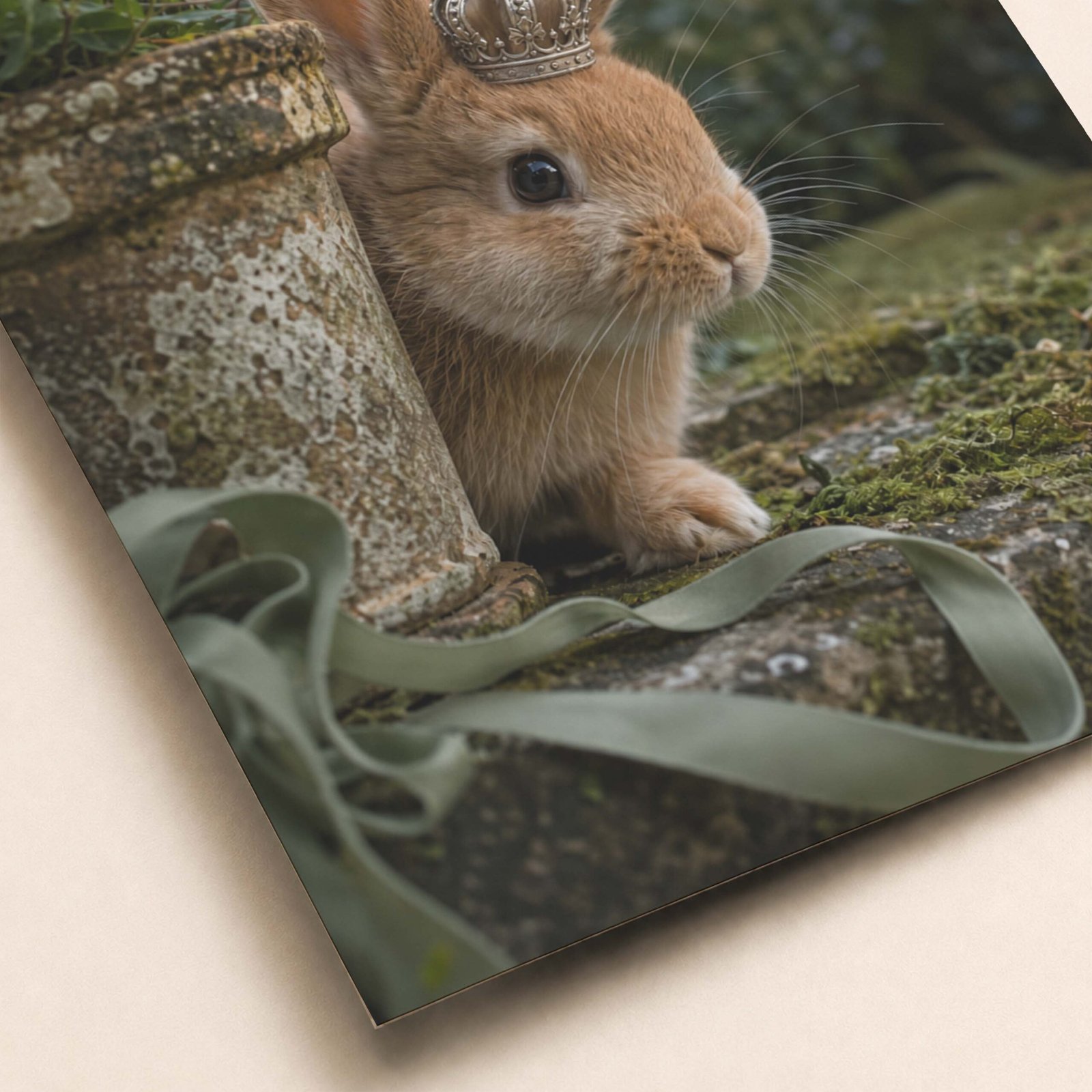 Zoom sur le lapin couronné et les détails floraux