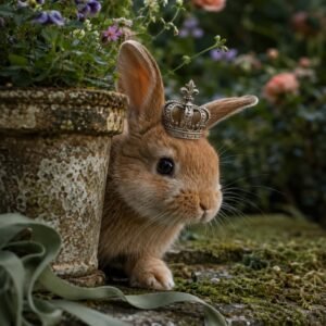 Affiche représentant Un petit lapin couronné se glisse dans un décor floral plein de douceur, comme une scène sortie d’un conte. L’image mêle poésie, nature et détail délicat pour créer une décoration à la fois tendre et originale