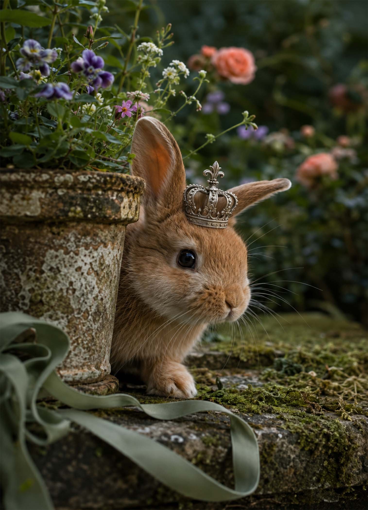 Affiche représentant Un petit lapin couronné se glisse dans un décor floral plein de douceur, comme une scène sortie d’un conte. L’image mêle poésie, nature et détail délicat pour créer une décoration à la fois tendre et originale