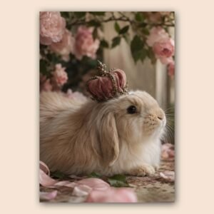 Lapin angora au centre d’un décor fleuri rose poudré