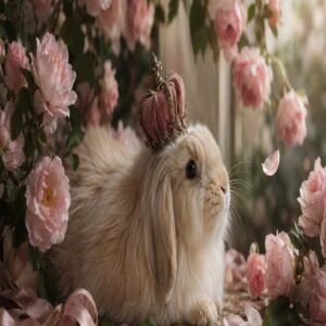Affiche représentant Un lapin angora au regard doux, posé au cœur d’un décor fleuri, crée une scène délicate et presque magique. La couronne posée sur sa tête apporte une touche royale et poétique, sans jamais alourdir l’ensemble