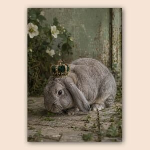 Lapin gris couronné sur fond vintage