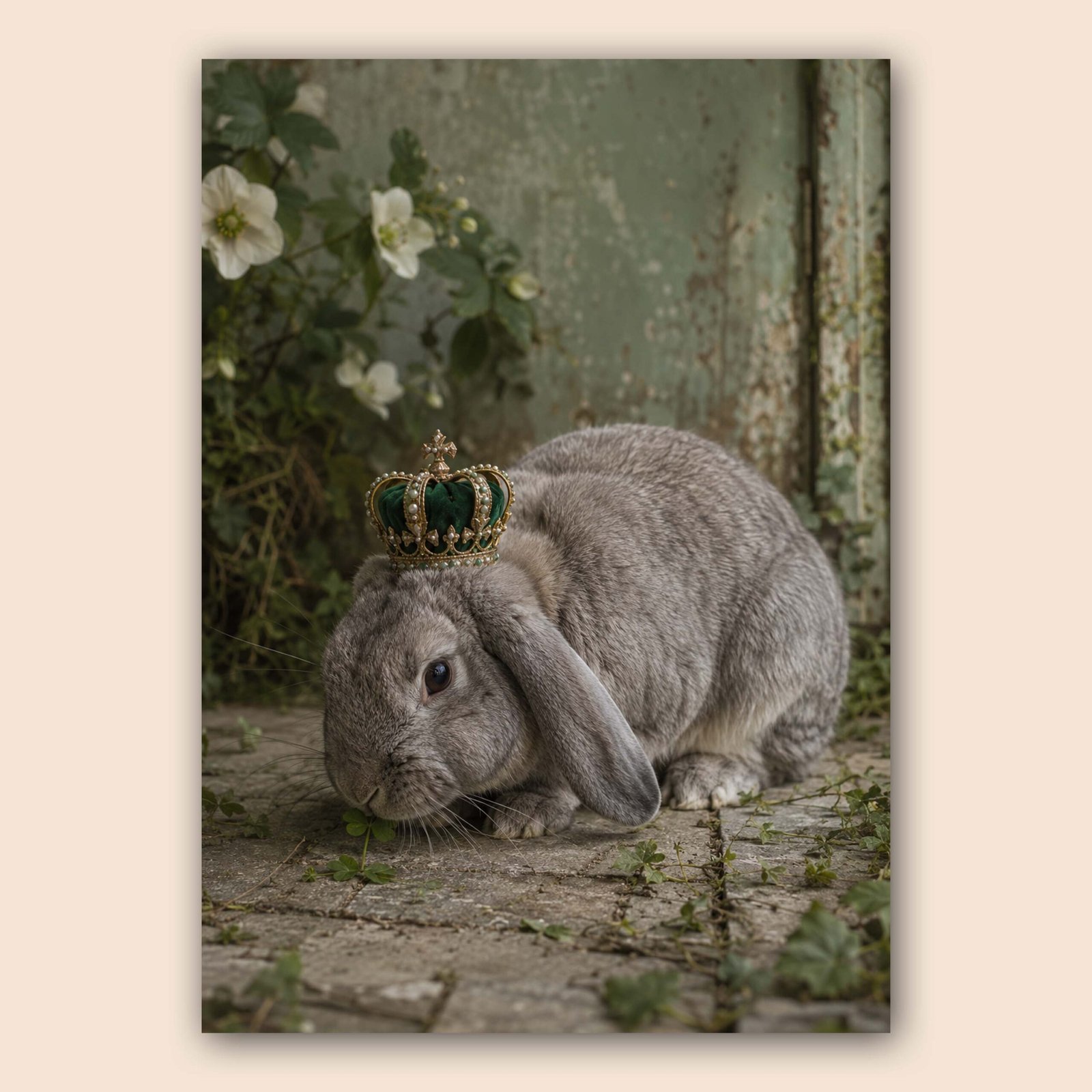 Lapin gris couronné sur fond vintage
