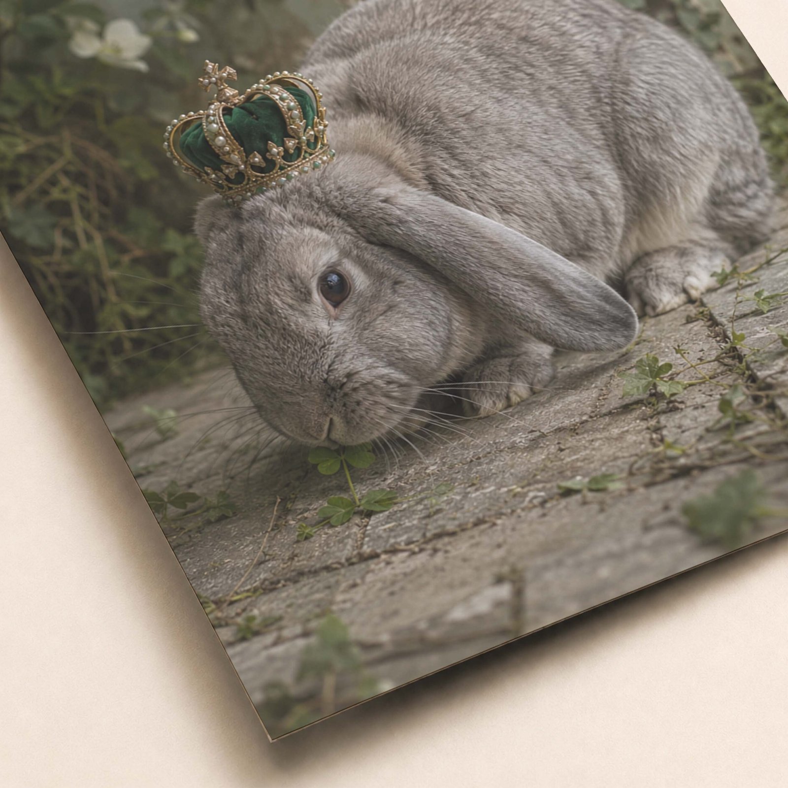 Détail du lapin gris avec couronne verte