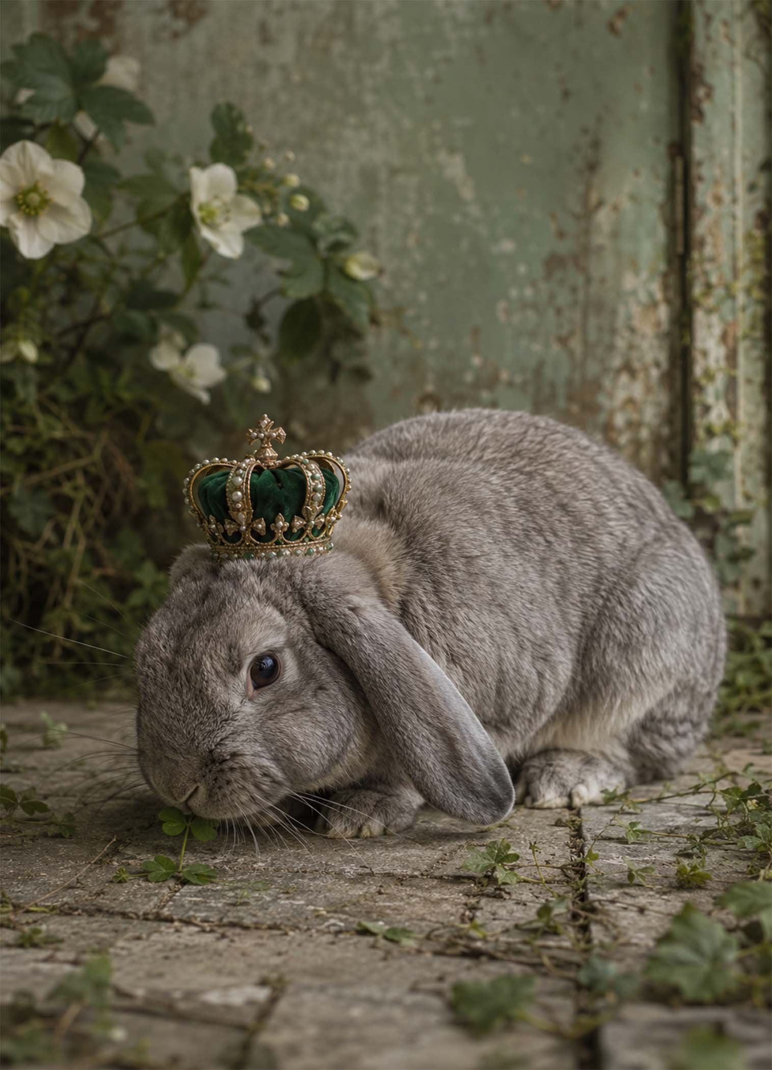 Affiche représentant une composition autour de lapin couronné vert