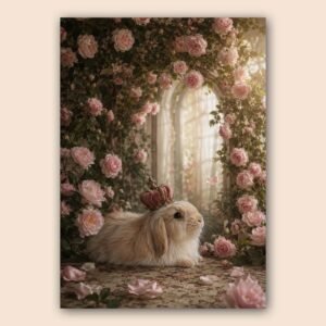 Illustration d’un lapin dans un décor de fleurs roses