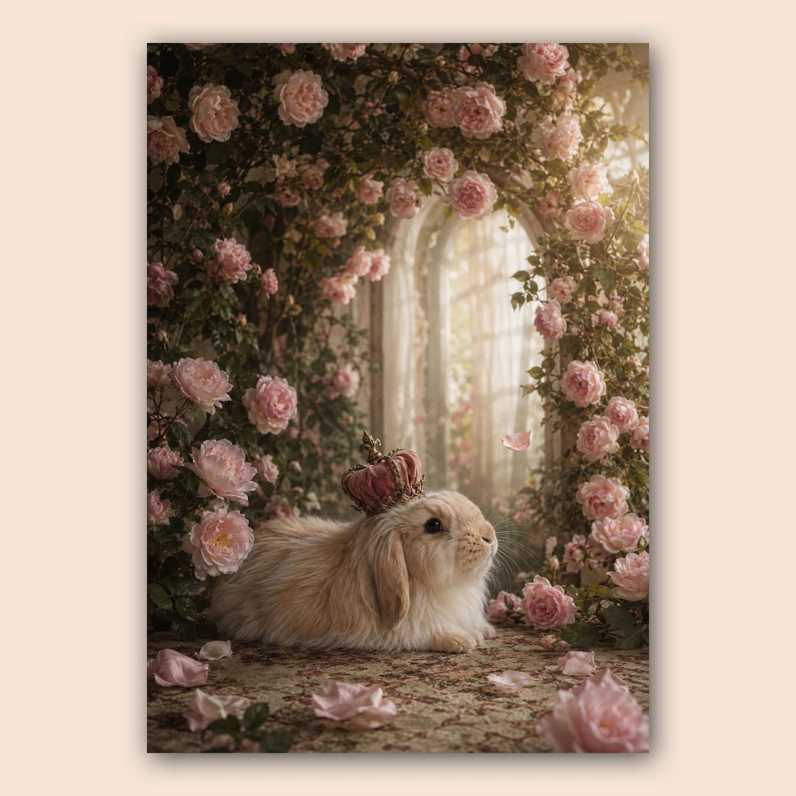 Illustration d’un lapin dans un décor de fleurs roses