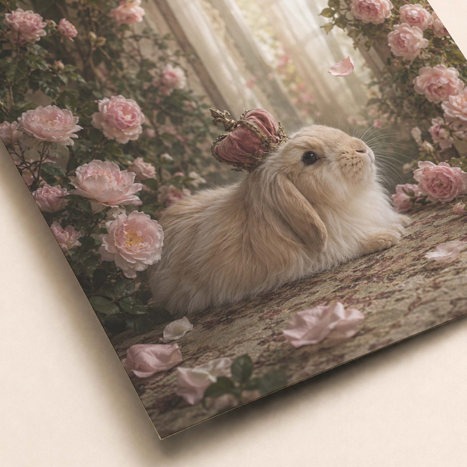 Détail du lapin et des fleurs roses sur l’affiche