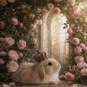 Affiche représentant un lapin au regard doux, installé dans un décor de fleurs roses et de feuillage délicat. L’ensemble crée une image tendre, presque féerique, qui attire le regard sans être trop chargée
