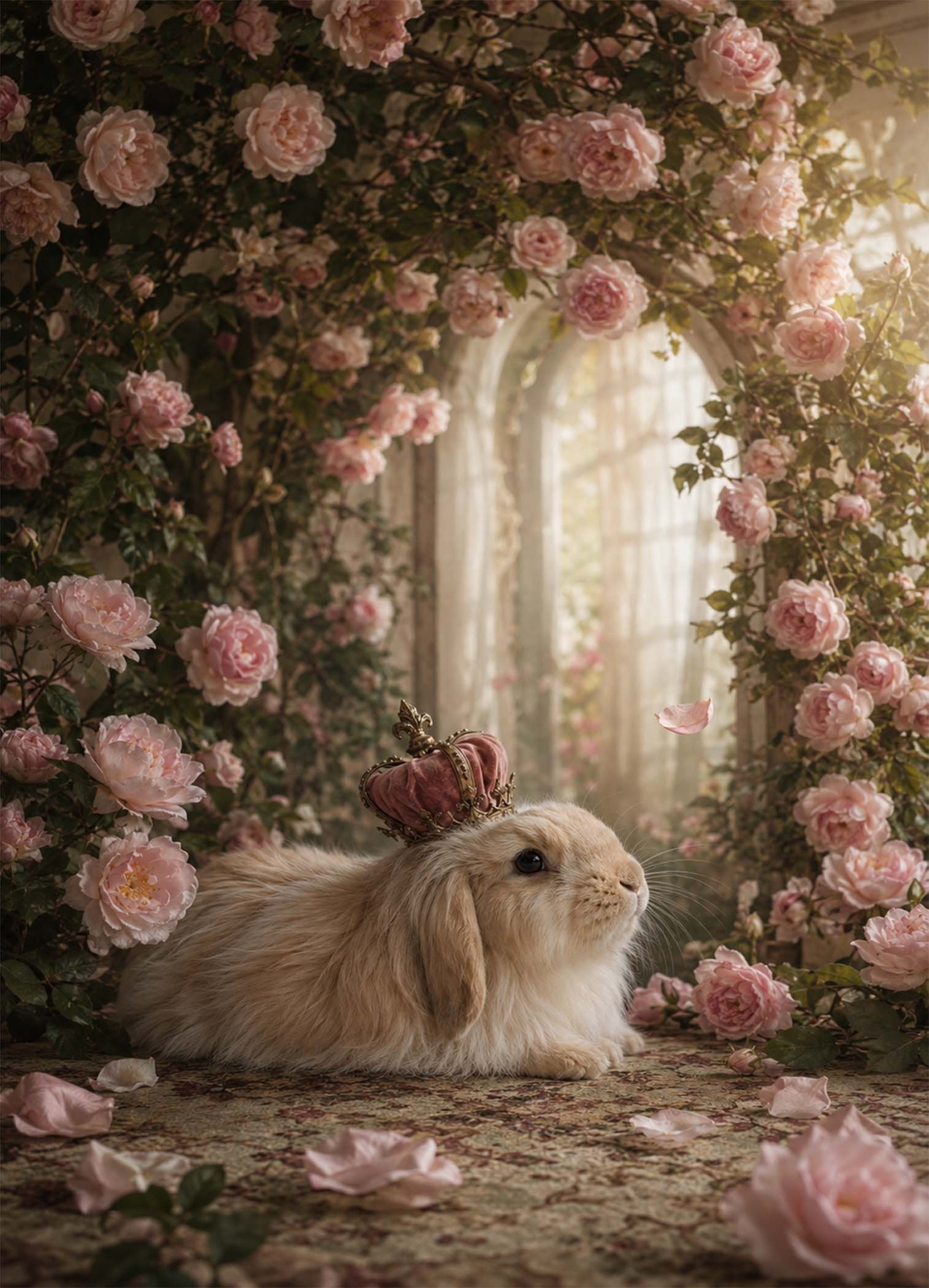 Affiche représentant un lapin au regard doux, installé dans un décor de fleurs roses et de feuillage délicat. L’ensemble crée une image tendre, presque féerique, qui attire le regard sans être trop chargée