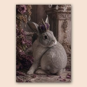 Affiche décorative avec lapin couronné violet et ambiance vintage
